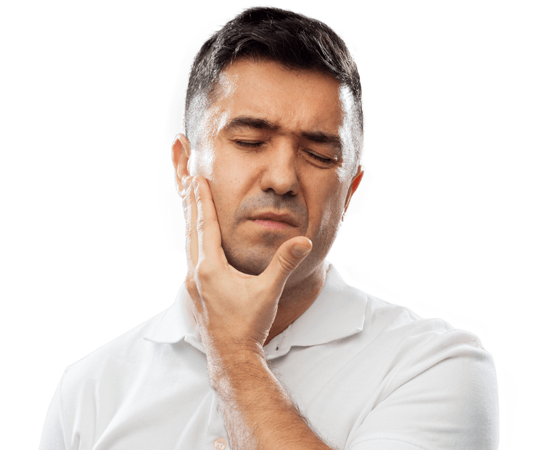 Man in need of TMJ therapy holding jaw in pain