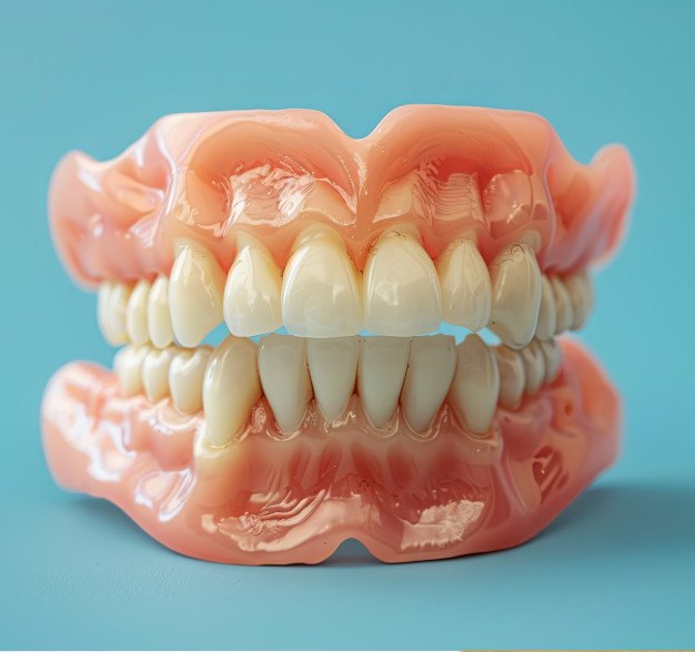 Full set of dentures against teal background