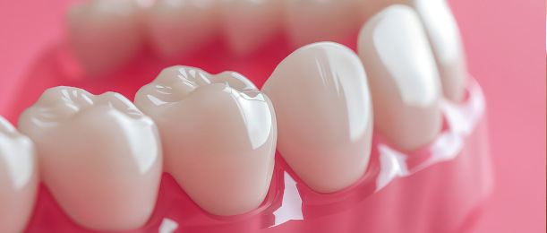 Close-up of a denture against pink background